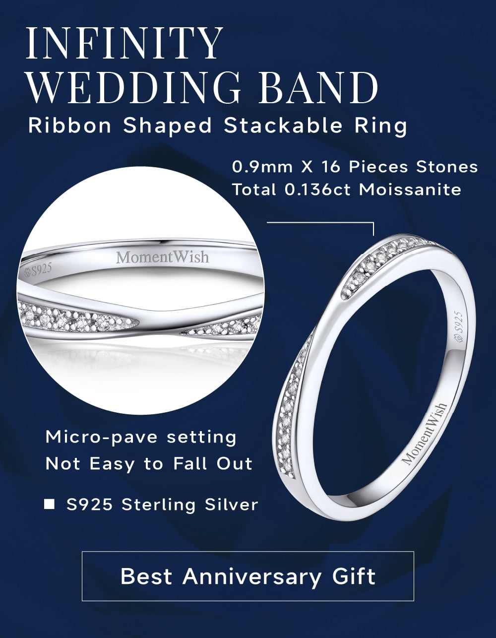MomentWish Wedding Promise Ring, Moissanite Engagement Ring for Women 925 Sterling Silver Anniversary Band-Size8
