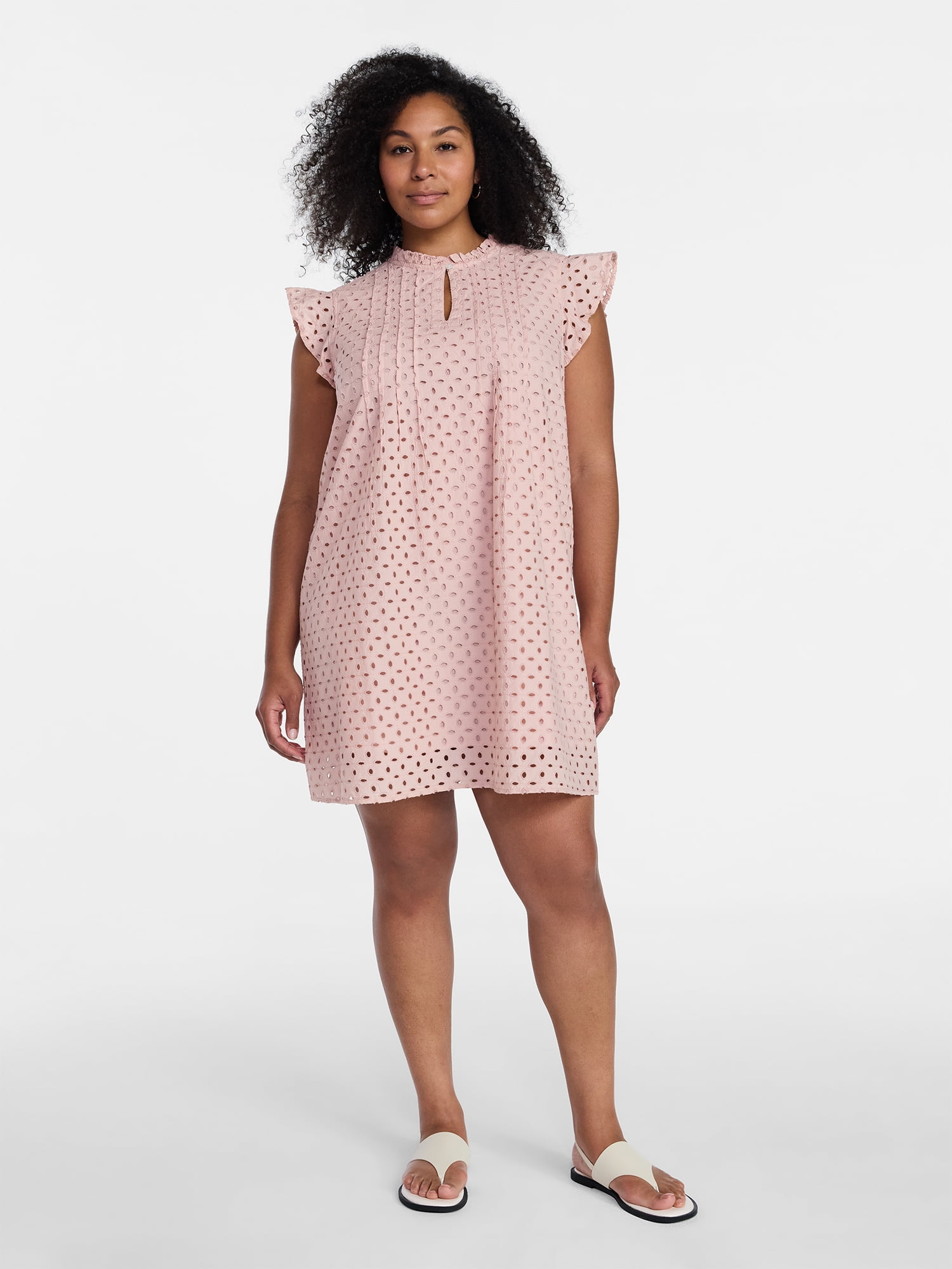 Time and Tru Women's Cotton Eyelet Mini Dress with Flutter Sleeves, Sizes XS-XXXL