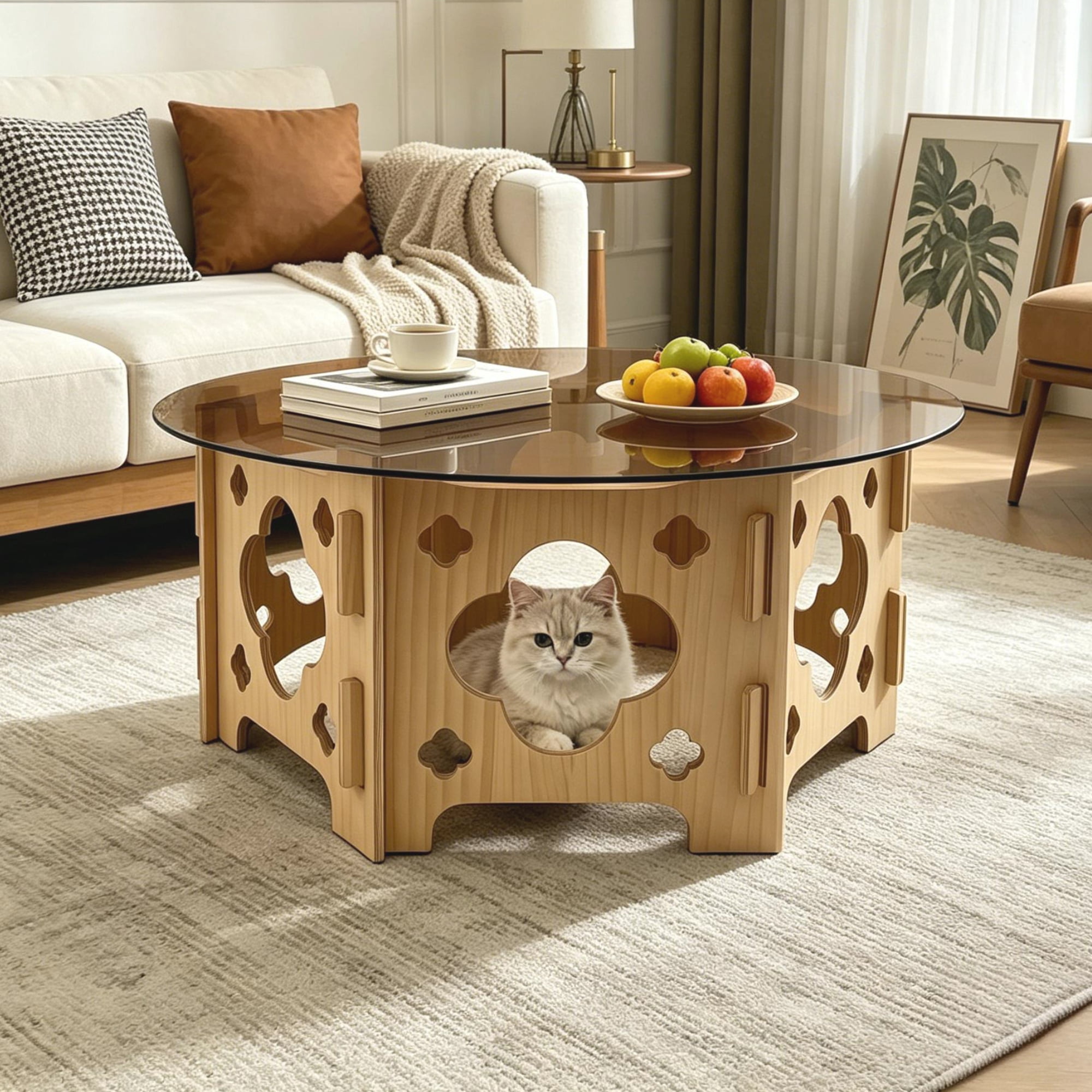 31.1-Inch Round Tempered Glass Coffee Table with Floral Hollow Wood Base, Farmhouse Center Tea Table for Living Room, Natural and Caramel