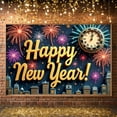 thumbnail image 6 of Gold Lettering Happy New Year Banner Fireworks Design New Year Banner Clock Cityscape Pattern Holiday Banner for New Year Party New Year's Eve Celebration Holiday Decoration, 6 of 7