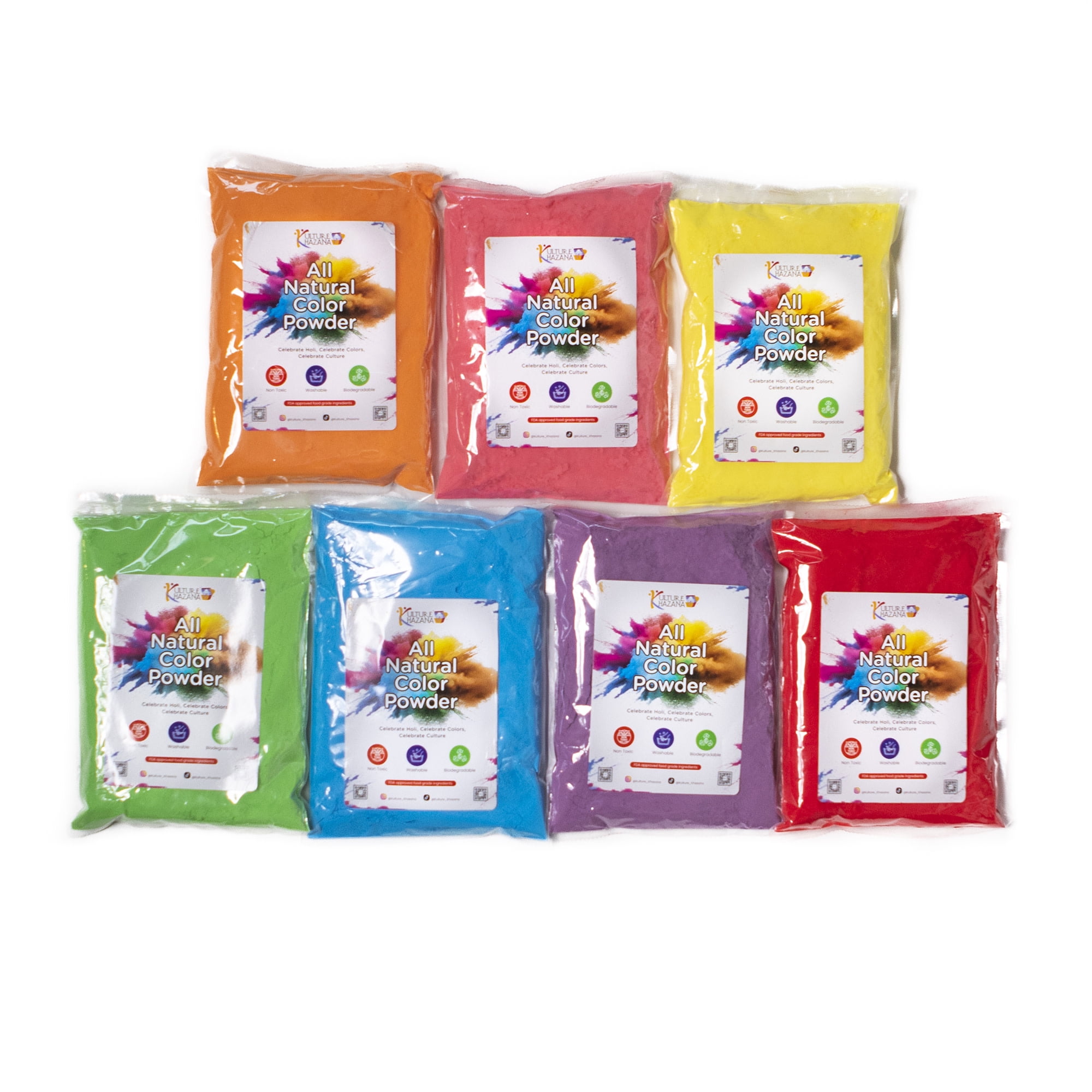 Kulture Khazana: Holi Color Powder - 100gm Bags, 7 Pk - All Natural, Washable, Earth Conscious, Non-Toxic, Festival of Colors, Fun Run, Parties, Outdoor