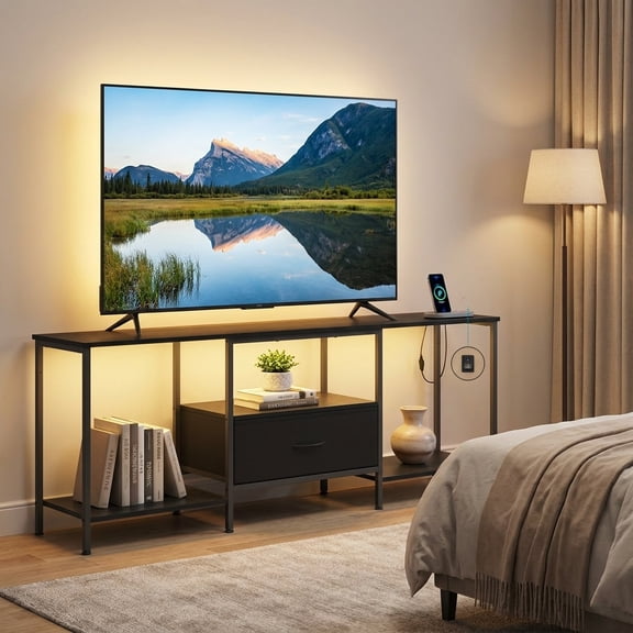 LEDREM TV Stand with LED Lights and Power Outlets, Entertainment Center with Drawer, 61.8 x 13.8 x 23.6 inches, Black