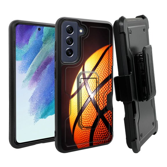 ANJ  Rugged Dual Layer Hybrid Holster Kickstand Case w/ Card Slot   Tempered Glass Cover for Samsung Galaxy S21 FE 5G - Close Up Basketball