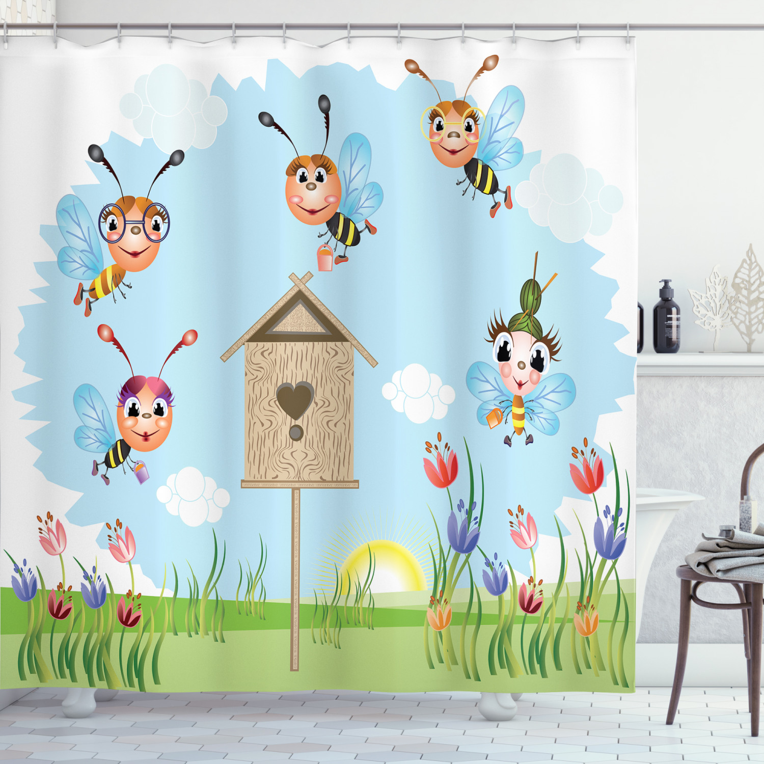 Honey Bee Shower Curtain, Cheerful View of a Meadow Landscape with a