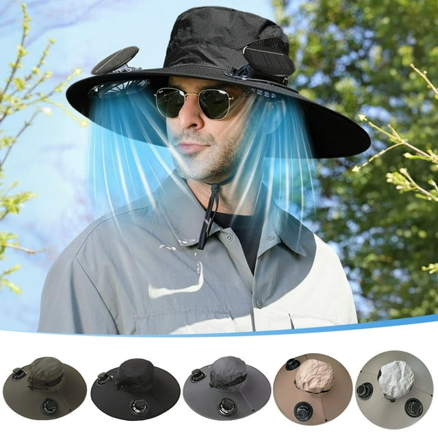 Chapeau de Pêcheur avec Ventilateur USB Solaire / Maille Respirante Réglable Protection Solaire pour Hommes d'Extérieur / Chapeau Rafraîchissant à Vent Fort / Comprend des Manches de Glace / Bord de 15 cm / Circonférence de 48 cm