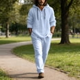 thumbnail image 2 of Nokdvo Linen Sets for Men 2 Piece Trendy Elastic Waist Drawstring Hooded Sweatshirt Spring Summer Button Casual Henley Sports Set with Pocket,Light Blue L, 2 of 4