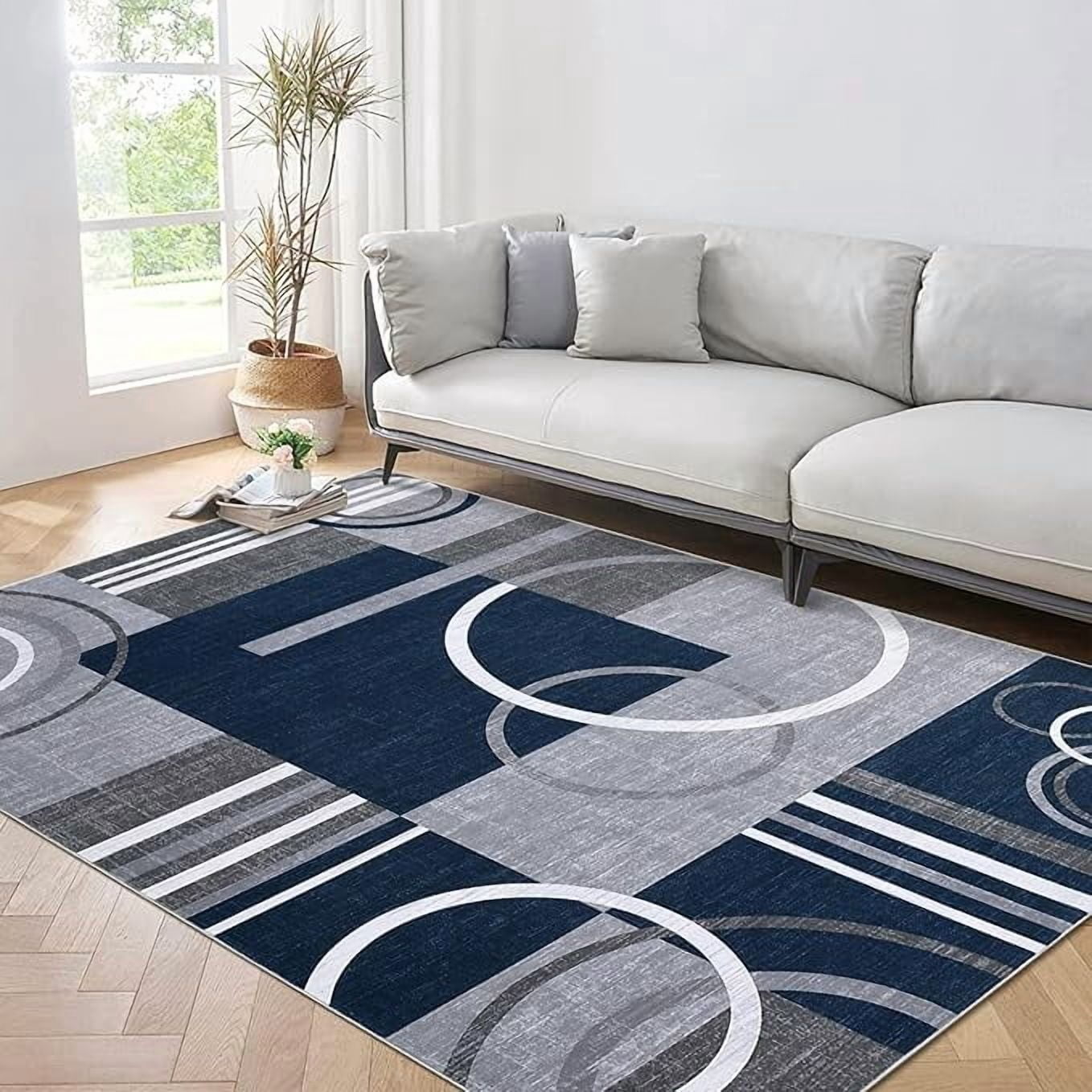 Washable Area Rug 5x7 Abstract Circles Non Slip Contemporary Soft Low Pile Accent Rug for Indoor Living Dining Room, Navy