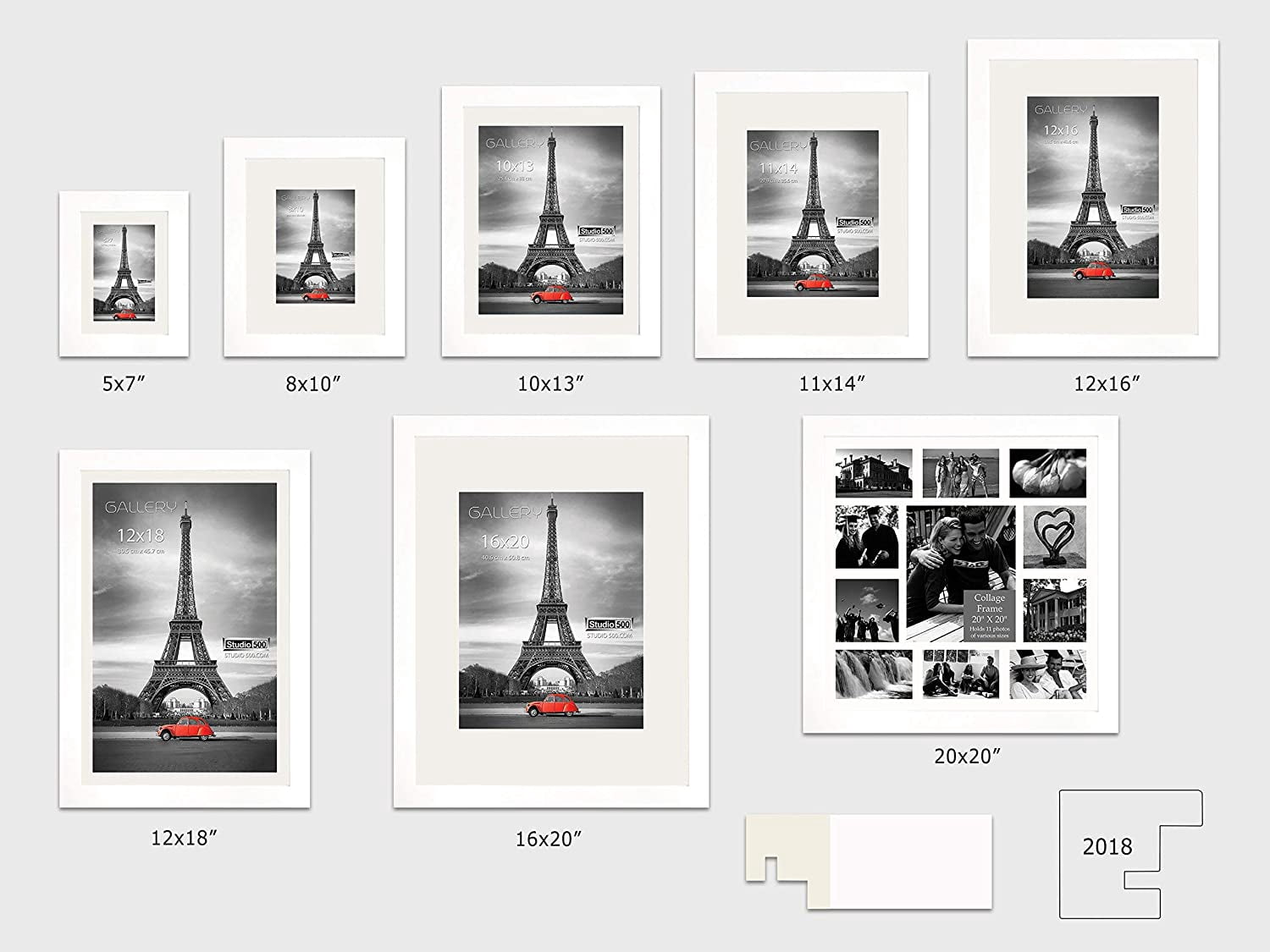 Studio 500 Luxury Collection 1-Opening 16 x 20 in Matted to 11 x 14 in, 11 x 14 in Photo Frames, Brushed White Over Pine Wood, 2 Count