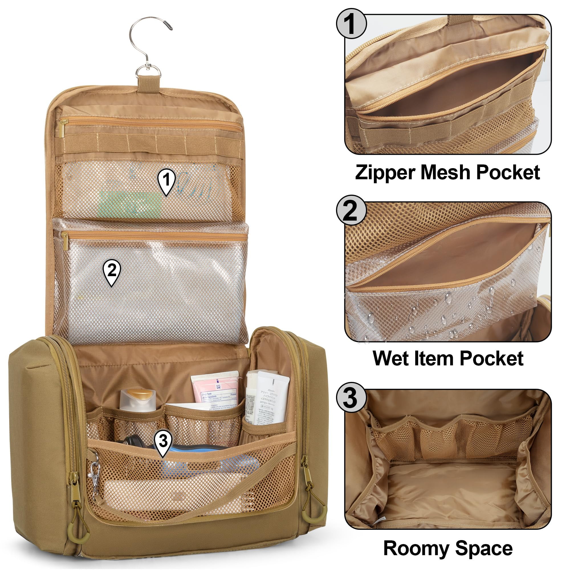Toiletry Travel Bag For Men  Hanging Dopp Kit Hygiene Shower Organizer With Hook Toiletries And Shaving Care Khaki (empty Bag)