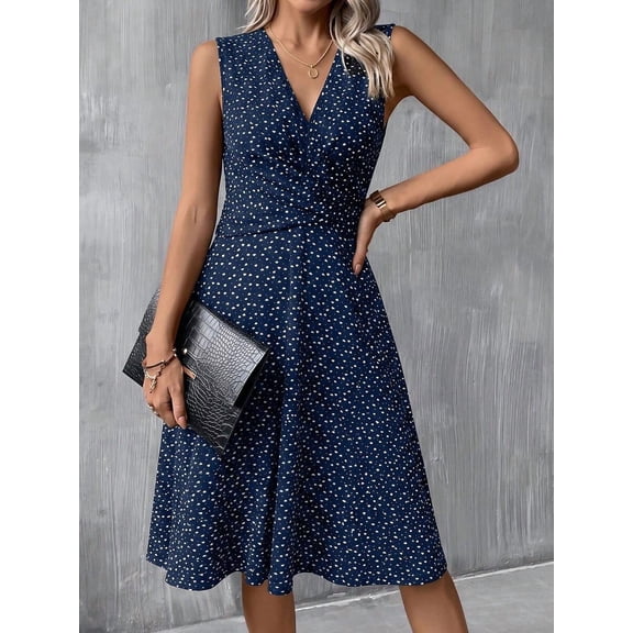 Navy Blue Polka Dot V-Neck Sleeveless A-Line Midi Dress For Women