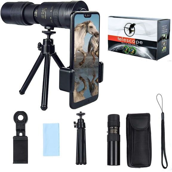 4K 10-300X40mm Monocular Telescope, Waterproof Night Vision Super Telephoto Zoom Monocular Telescope, Portable HD Telescope with Phone Clip & Tripod (Black)
