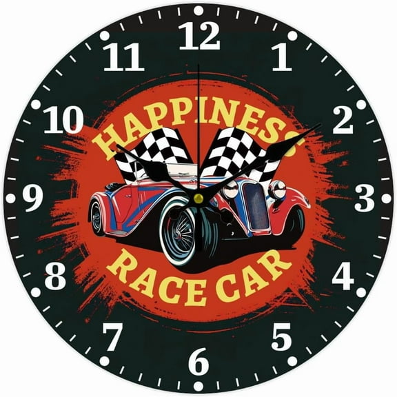 Vintage Racing Car Wall Clock 12 Inch Battery Operated Wall Clocks Racing Flag Non Ticking Silent Clocks Decorative Clock for Living Room Office Bedroom Home Decor