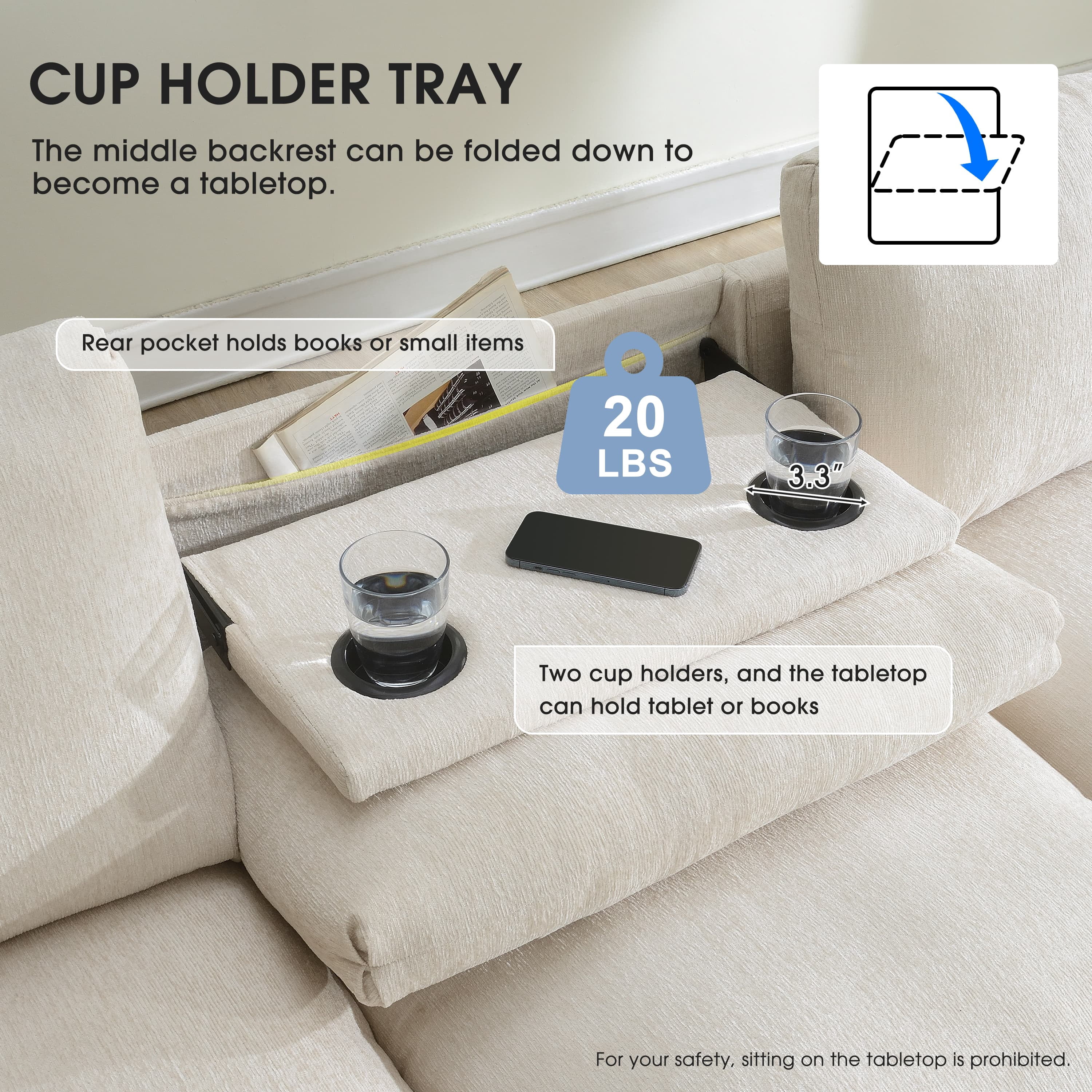 MAYEERTY 96x35" Chenille Sectional Sofa - Bluetooth Speaker, Drop Down Table/Cup Holders/USB/Storage, Wide Seat for Living Room/Apartment/Office, 3 Colors