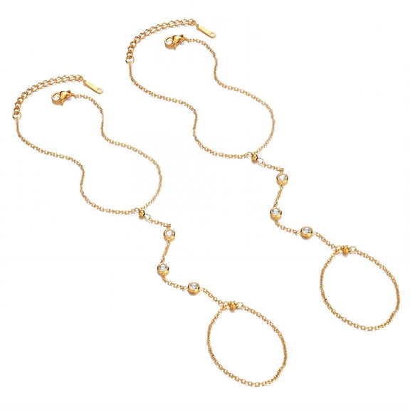 DESIGNICE 2Pcs Hand Chain Bracelet, Neat Silhouette Ring Bracelet Hand Chain, Balanced Shade Beach Jewelry for Women, Gold