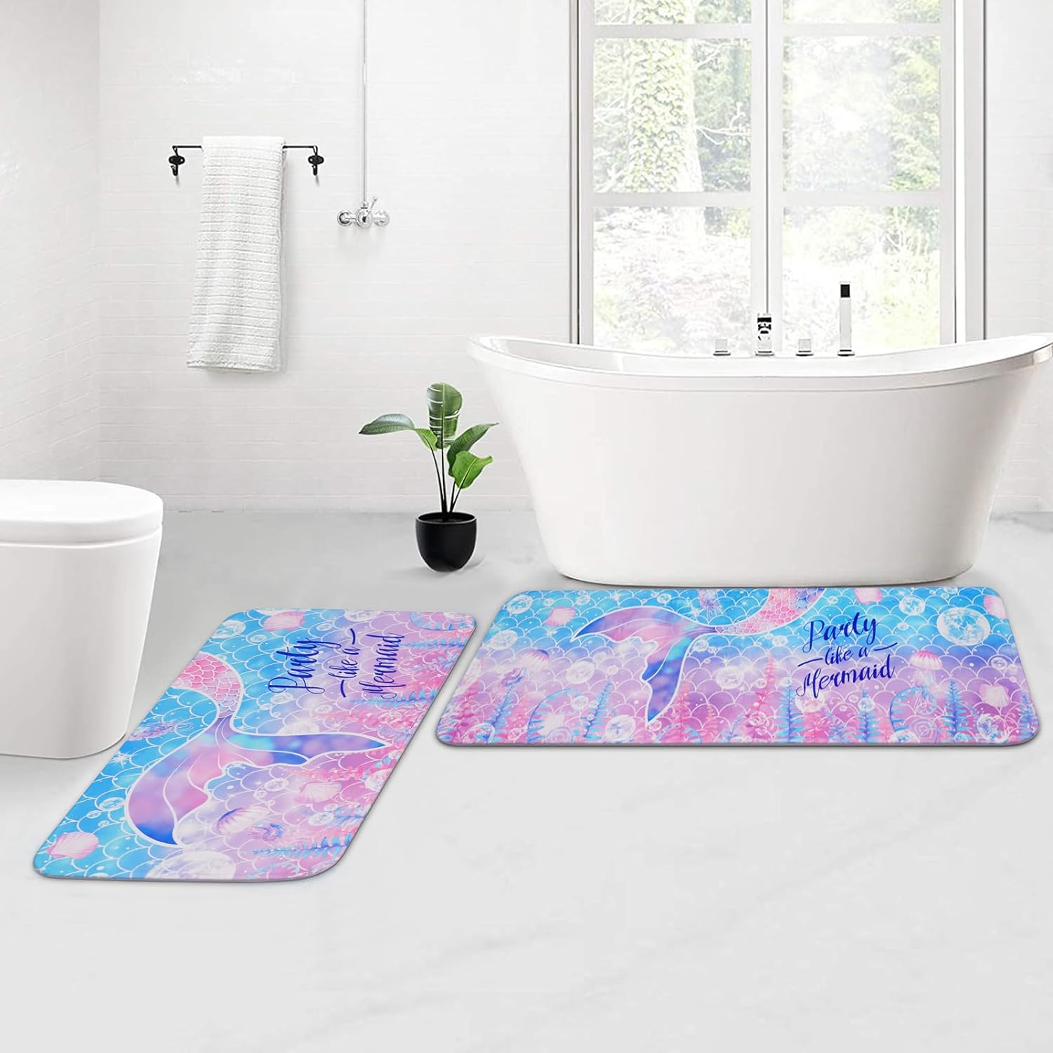 Mermaid Bathroom Rug Sets of 2, Soft and Absorbent Bath Mats for Girls, Washable Bath Mats Non Skid for Bedroom Living, Mermaid Bathroom Decor, 17.3"x 30" +17.3"x 47"