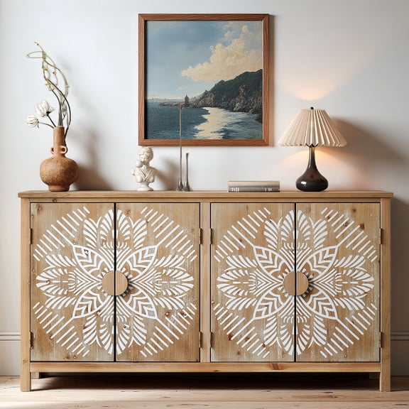 Atumcto 60" Boho Sideboard Buffet Cabinet with Hand-Carved Doors, Large Storage Credenza with 4 Doors for Living Room Entryway, Antique Brown White