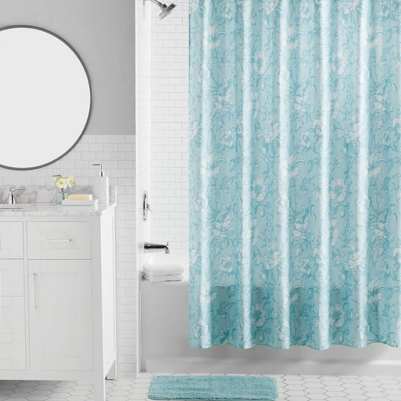 Mainstays 16-Piece Blue Floral Shower Curtain Bathroom Set – Fabric Curtain with Rug, Hooks, Soap Dispenser & Accessories