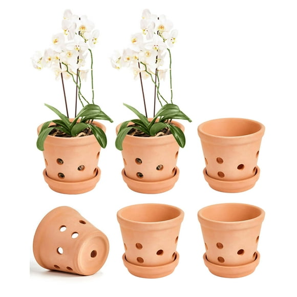 4 Inch Terracotta Orchid Pots with Holes and Saucers - 6 Pcs Small Clay Planters for Repotting, Terra Cotta Pot for Plants Indoor and Outdoor Promotes Air Circulation