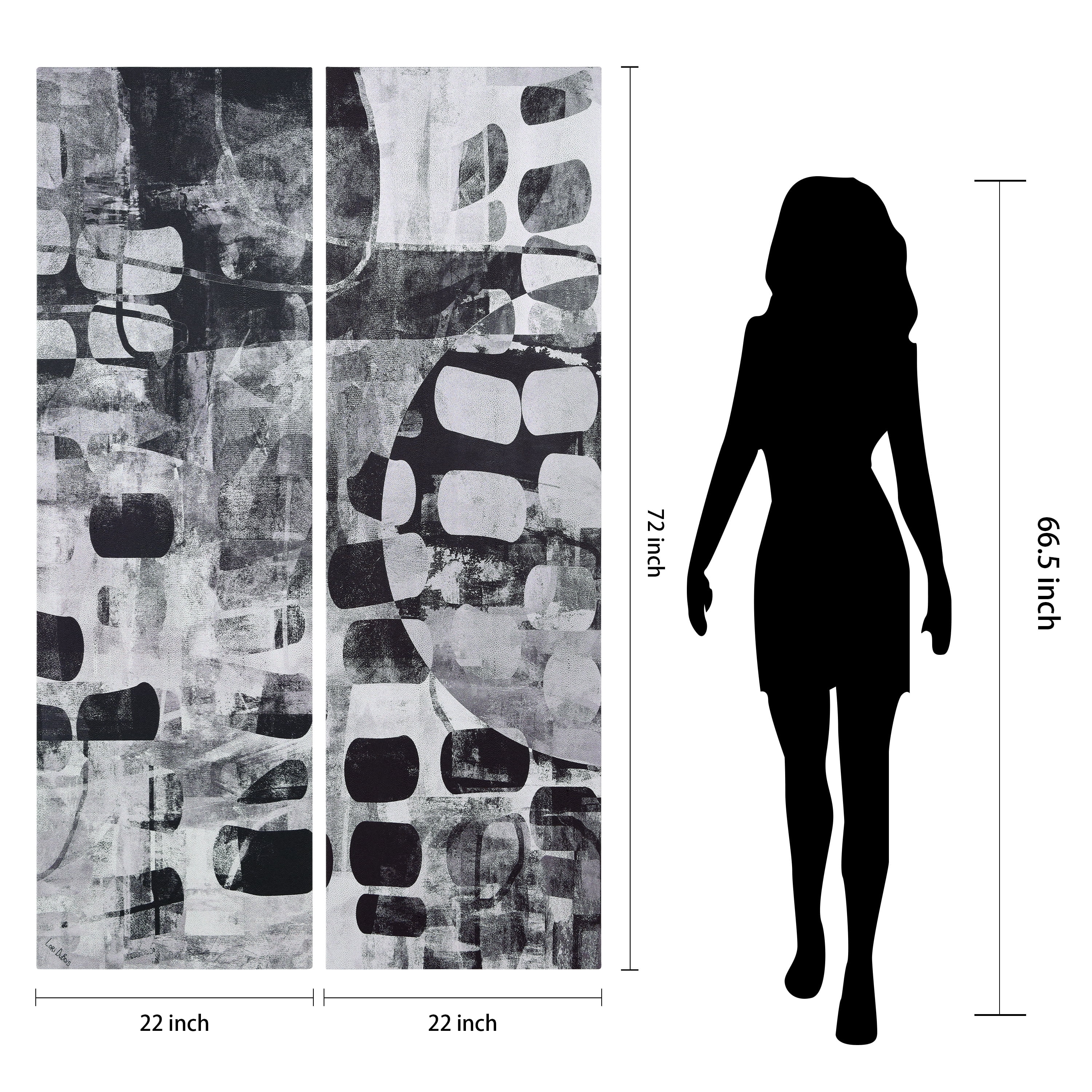 "Monochrome Abstract I & II", Black&White Artwork on Silver Shagreen Wrapped Canvas Wall Art Set, sized 72"x22"