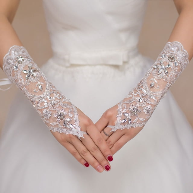 Jinsinto Bride Wedding Gloves, Vintage Style Long Fingerless Lace Rhinestone for Evening Prom Opera Party Wedding
