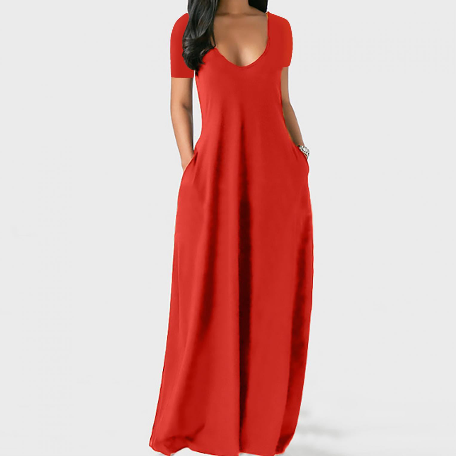 Lenago Women's Plus Size Deep V-Neck Standard-Fit Short Sleeve Solid Maxi Party Dress - image 3 of 6