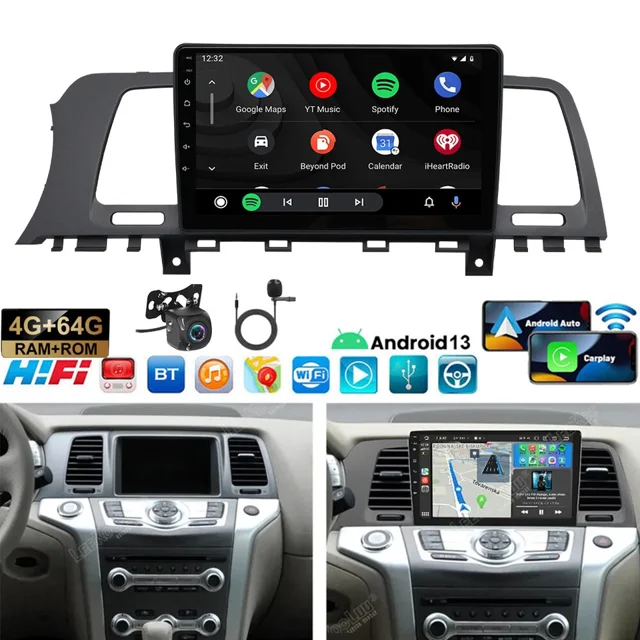 Android 13 Car Stereo GPS Navigation 4+64G for Nissan Murano Z51 2008-2014 with Carplay Android Auto 9in Car Radio with Bluetooth WiFi FM/RDS SWC + AHD Backup Camera