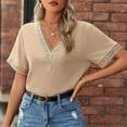 thumbnail image 2 of safuny Women's Trendy Loose Basic Tops Solid Tops Short Sleeve Tees V Neck Shirts Elegant Lace Splicing Vintage Clothing Fashion Summer Beige L, 2 of 8