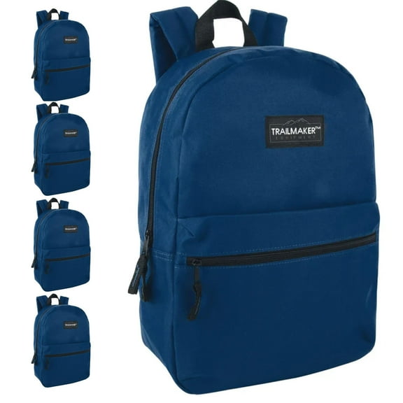 Trail Maker 24 Pack of Bulk Wholesale Basic and Classic 17 Inch Backpacks with Front Accessory Pocket and Dual Zipper Closure for Work, School and Classrooms in Navy Blue