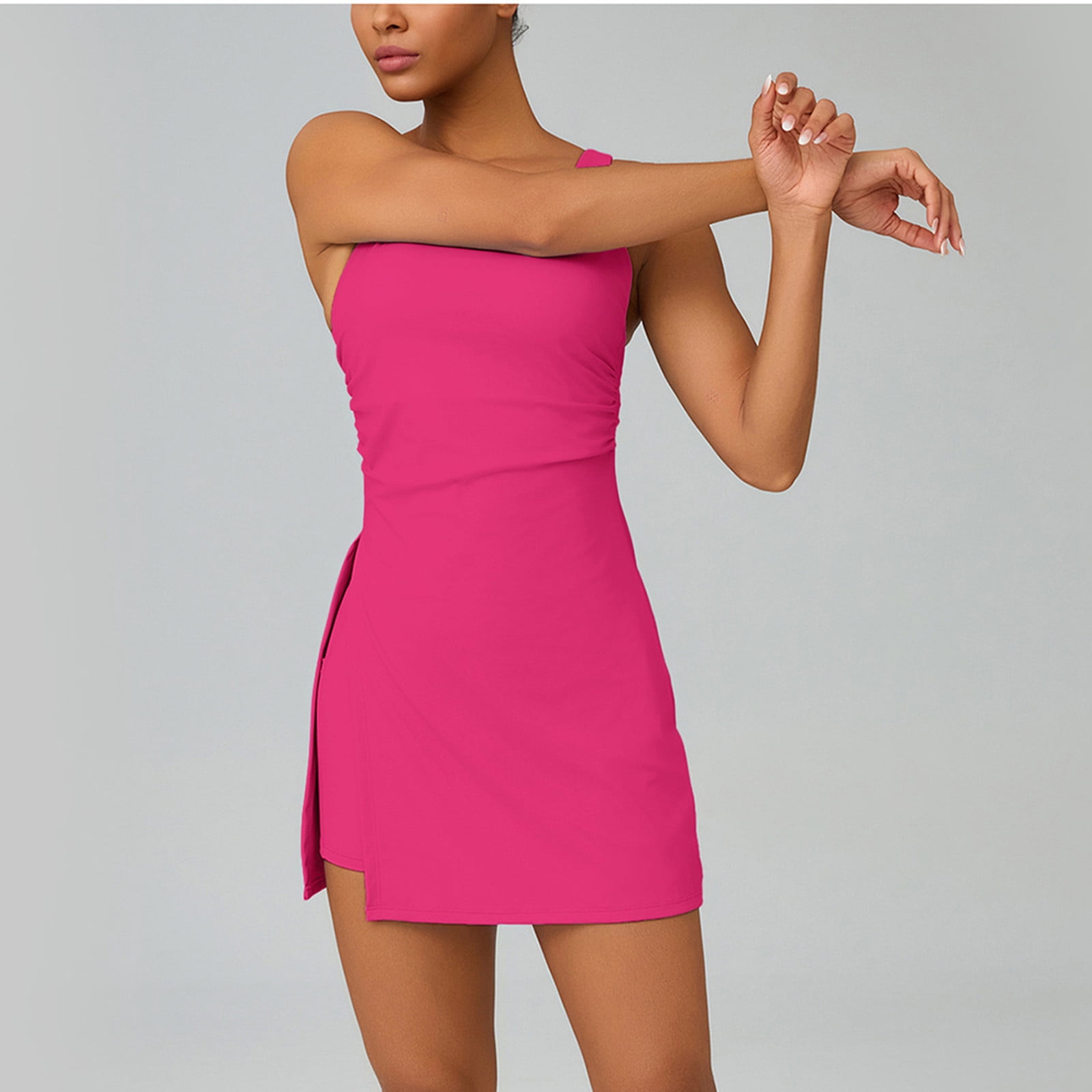 Athletic Tennis Mini Dress Womens Sleeveless Ruched Active Racerback Dress with Shorts Women Dresses Casual S