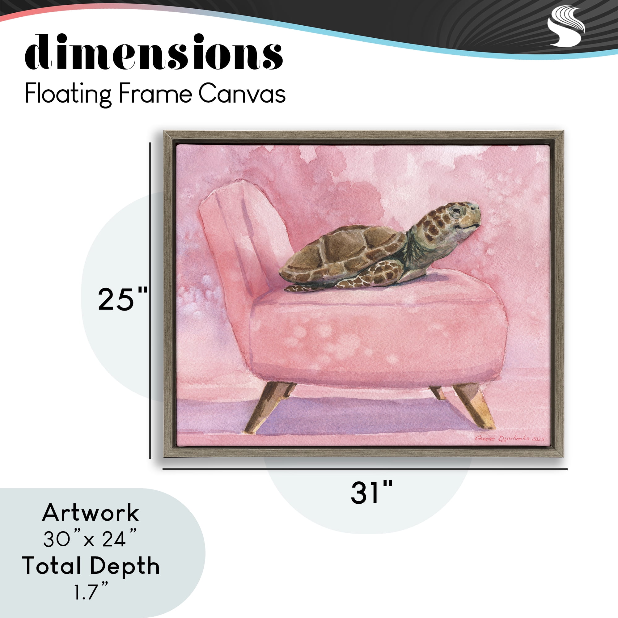 Stupell Industries Happy Turtle on Pink Chair Brown Framed Floater Canvas Wall Art, design by George Dyachenko
