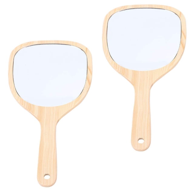 Espejos de maquillaje de madera, 2 piezas, mango de madera portátil, espejos de maquillaje de mano, espejo cosmético de tocador de madera vintage, espejo de maquillaje de viaje para mujeres, tamaño 1