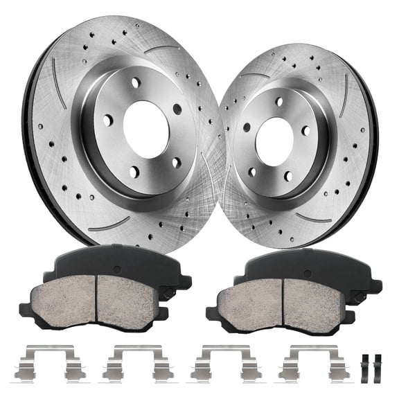 Aurogenix Front Brake Kit, Compatible With 2007-2009 Dodge Caliber 2007-2008 Jeep Compass Jeep Patriot 2007-2018 Mitsubishi Outlander, Drilled Brake Rotors & Ceramic Brake Pads, 11.6in