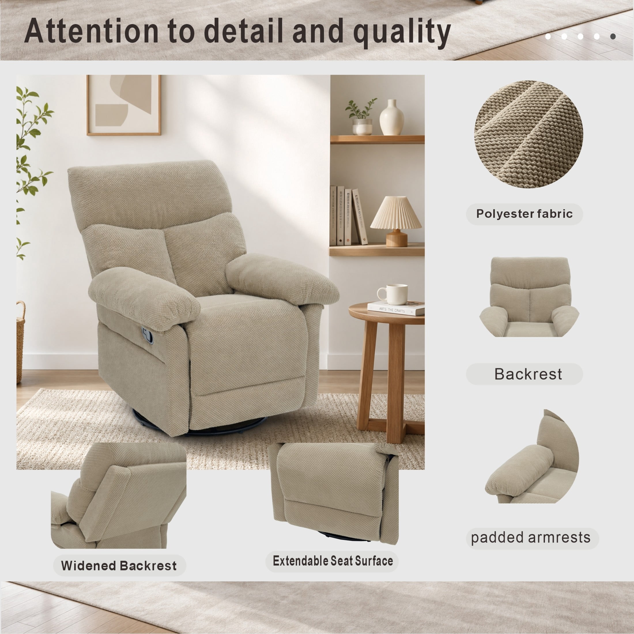 Noble House Modern Swivel Rocker Recliner Chair, Manual Glider Recliner with Textured Fabric, Camel