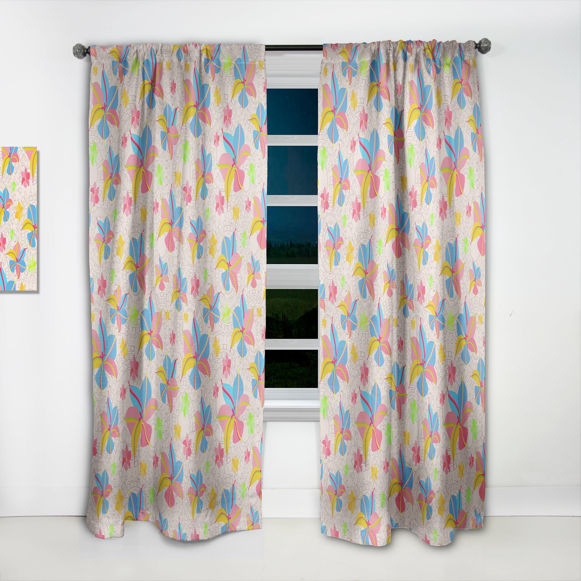 Designart 'Retro Yellow Pink Flowers' Mid-Century Modern Curtain Panel