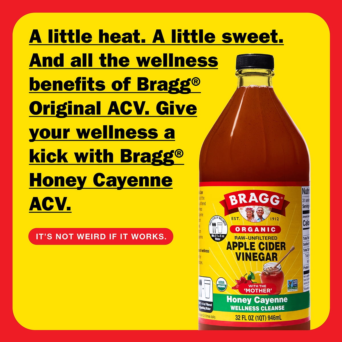 Bragg Organic Apple Cider Vinegar Honey Cayenne Wellness Cleanse, Raw and Unfiltered, 32 fl oz
