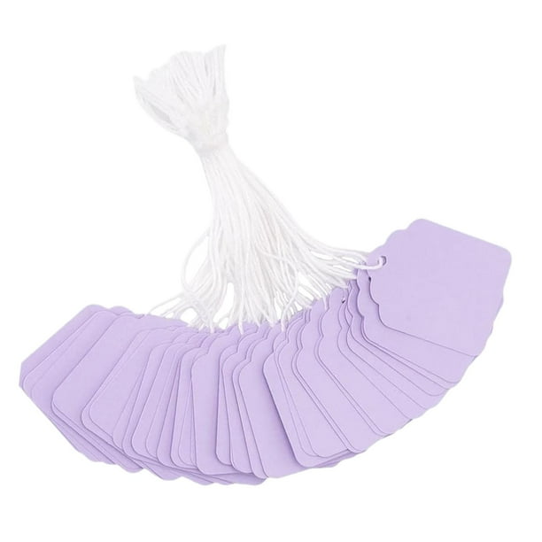 100 etiquetas de regalo con cuerda, etiquetas de precio, etiquetas de papel con agujero en blanco para colgar. Púrpura