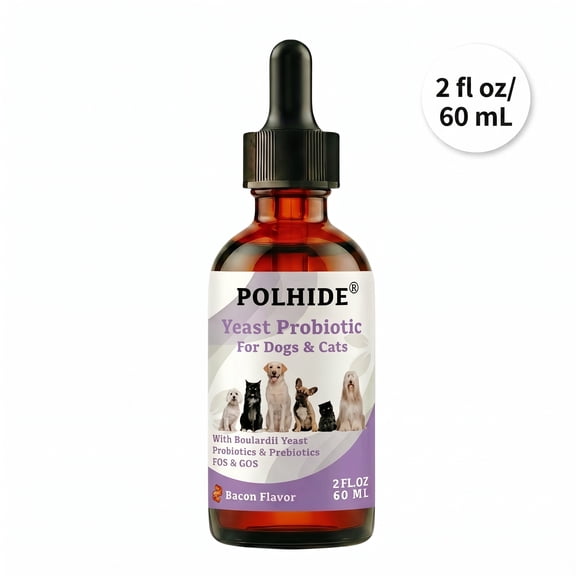 POLHIDE Yeast Probiotic Dog and Cat Probiotic Supplement, 5 Billion CFU/mL, FOS/GOS Prebiotics, Digestive Support Drops, 2 fl oz, Bacon Flavor
