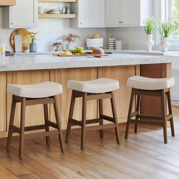 Set of 3 Counter Height Bar Stools, 24-Inch Farmhouse Saddle Seat Stools, Faux Leather Upholstery, Solid Wood Legs, Adjustable Feet, Kitchen Island and Dining Chairs, Antique White