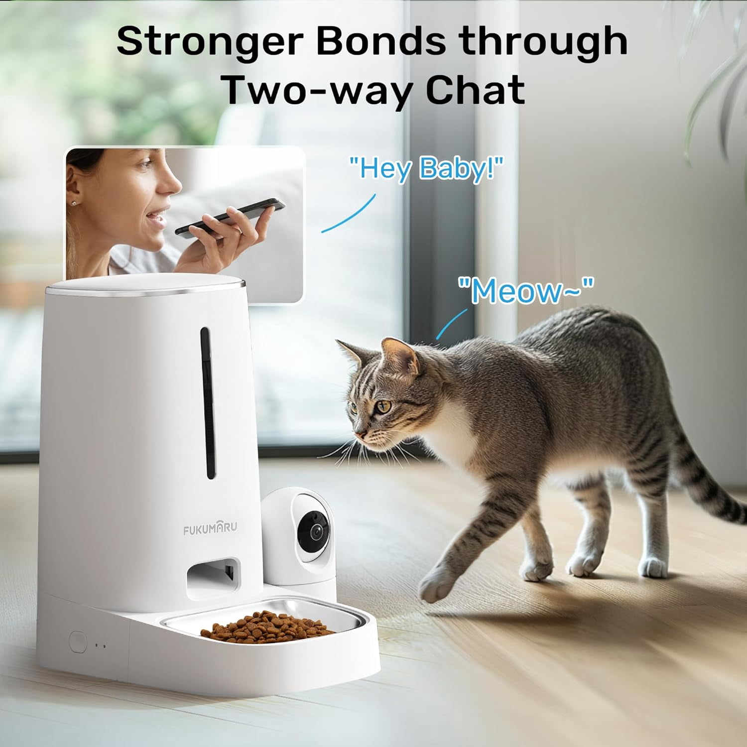 Automatic Cat Feeder with Rotating Camera, 1080P HD Video Night Vision, 5G WiFi APP Control, 2-Way Audio, Low Food Alerts