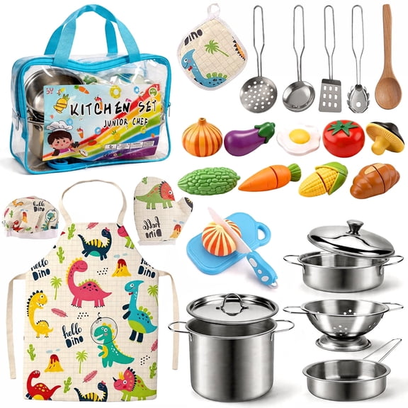 Caunedy Play Kitchen Accessories,Stainless Steel Play Pots Pans Sets for Kids,Apron,Chef Hat,Kitchen Set for Kids Ages 3-12 Girls Boys Gifts