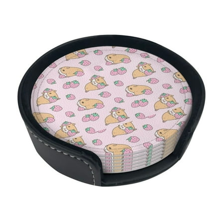 

Round Pu Leather Coaster Pink Guinea Pig And Strawberry Heat - Resistant Beverage Cup Mat-Fancy Decor For Kitchen Office Dining Room Table - Drink Protector 6-Slice