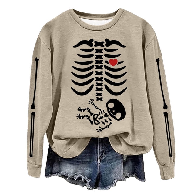 Chandail de Mode Automne Hiver pour Femmes, Manches Longues Fines, Col Rond, Imprimé Halloween, Sans Capuche, Décontracté