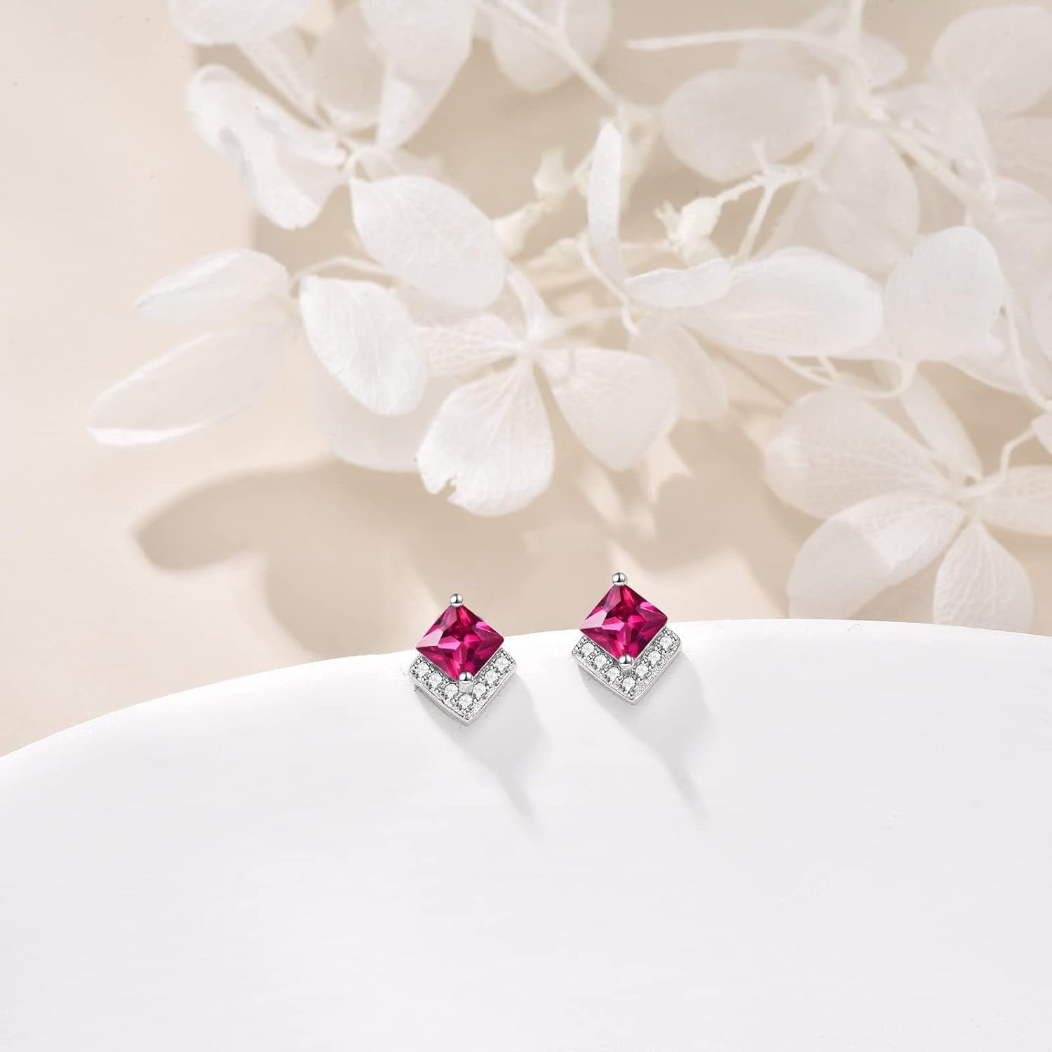 Birthstone Stud Earrings Sterling Silver Square Created Ruby Red Crystal July Earrings Cubic Zirconia Hypoallergenic Piercing Jewelry Small Gifts for Women Mothers