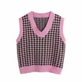 thumbnail image 1 of Women Knit Sweater Houndstooth Pattern Sleeveless Loose V Neck, 1 of 2