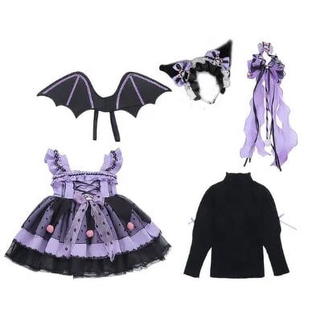 sanrio kuromi-vestido lolita de dibujos animados para niña, tutú bonito para fiesta de cumpleaños, regalo de navidad, primavera y otoño Primer edición — Conjunto cosplay Kuromi frontal: vestido lolita tutu púrpura y negro con corpiño con cordones, falda de tul con lunares y pompones; alas tipo murciélago; diadema con orejas y lazos; lazo largo con cintas; suéter negro de manga larga plano. Ideal para disfraz de Halloween y suele usarse también para sesiones de fotos temáticas. Talla FZ-6–150cm.