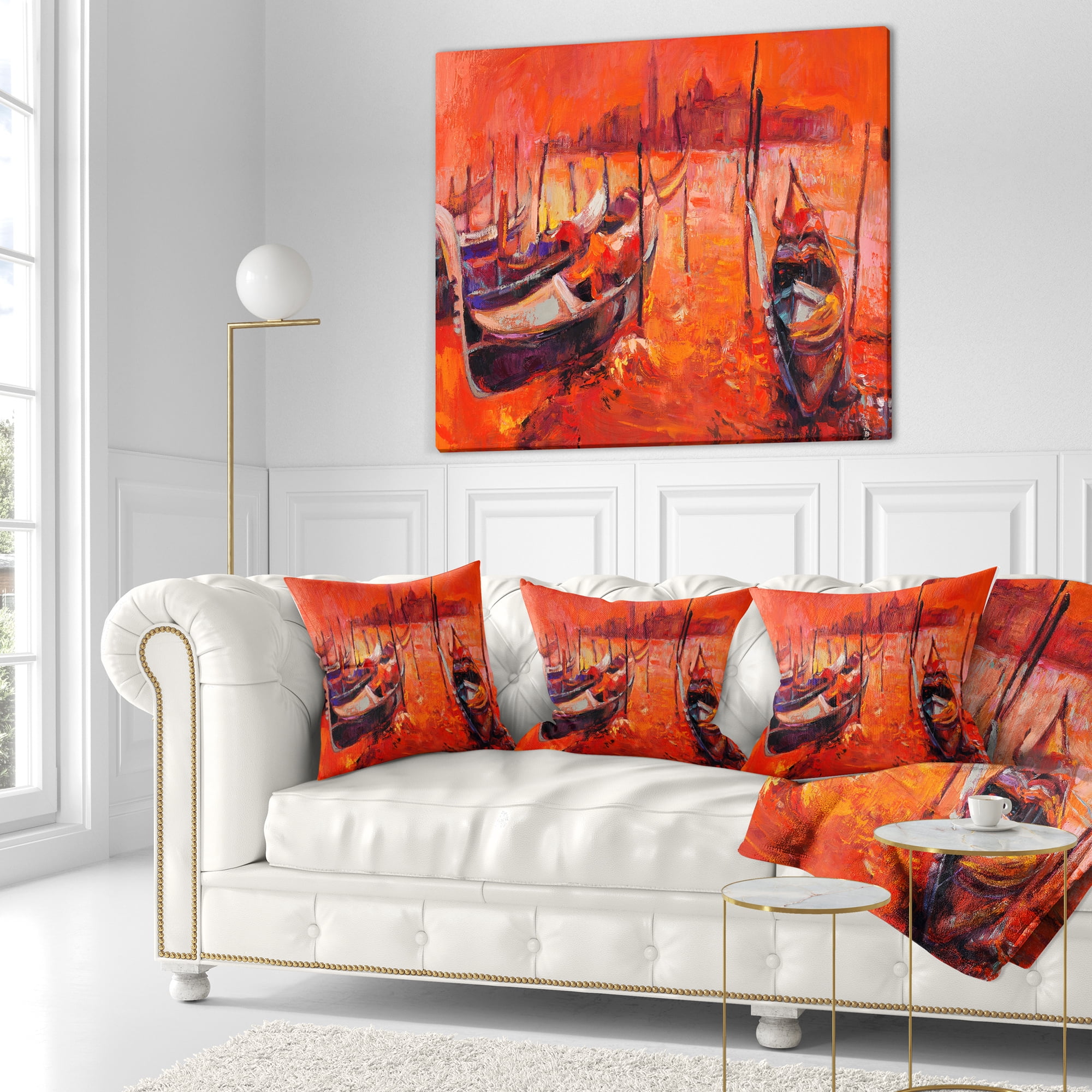 Designart Red Sunset over Venice - Landscape Painting Throw Pillow - 18x18