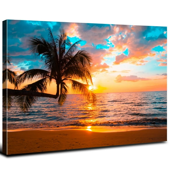 Beach Canvas Wall Art Palm Tree Coastal Wall Decor Nature Ocean Landscape Picture for Bedroom Living Room 24x36" Nautical Painting Sunset Seascape Ph