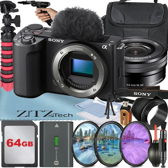 Sony ZV-E10 II Mirrorless Camera (Black) with 16-50mm Lens + 64GB Card + Case + 3 Pieces Filter + ZeeTech Accessory Bundle