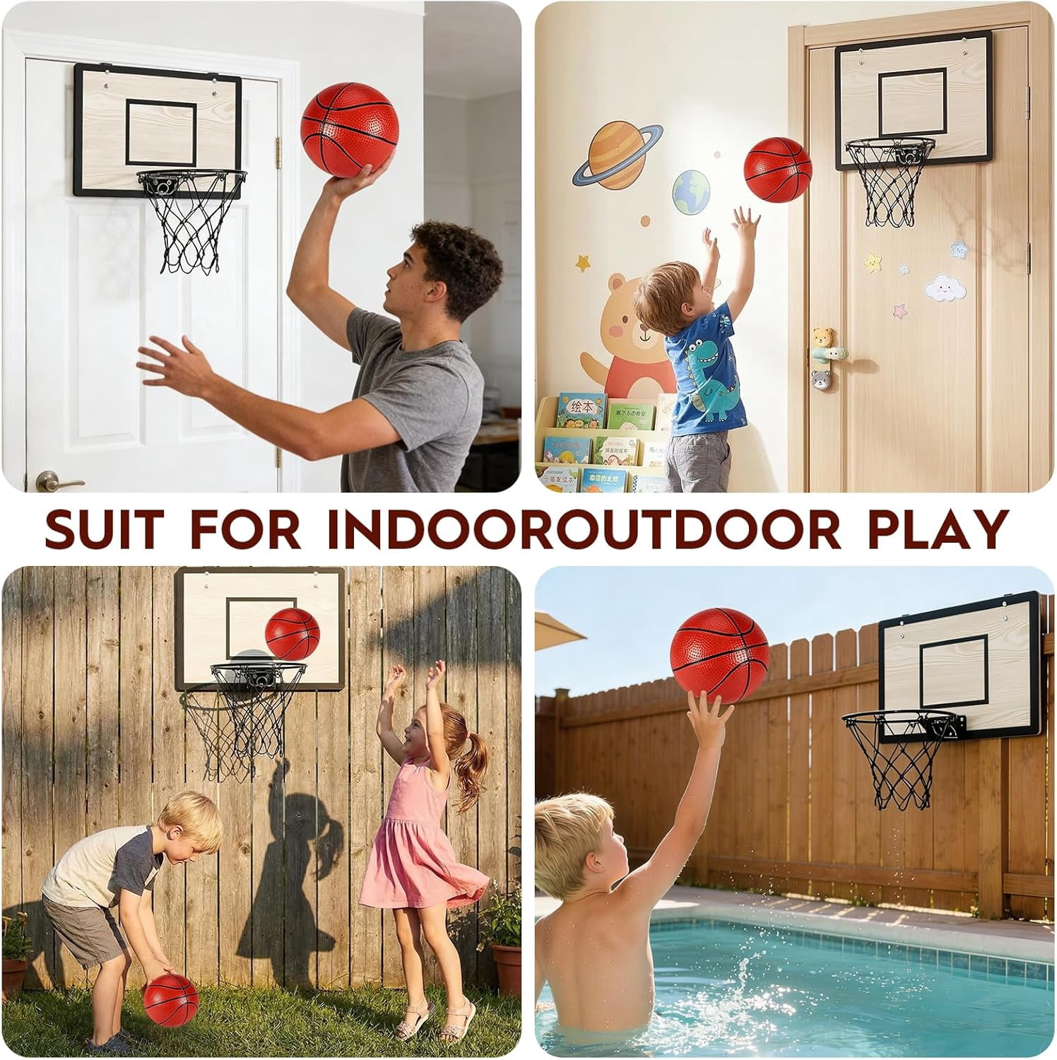 Indoor Mini Basketball Hoop Set for Kids Teens Adults, Wooden Over-The-Door Hoop with 4 Balls and Air Pump