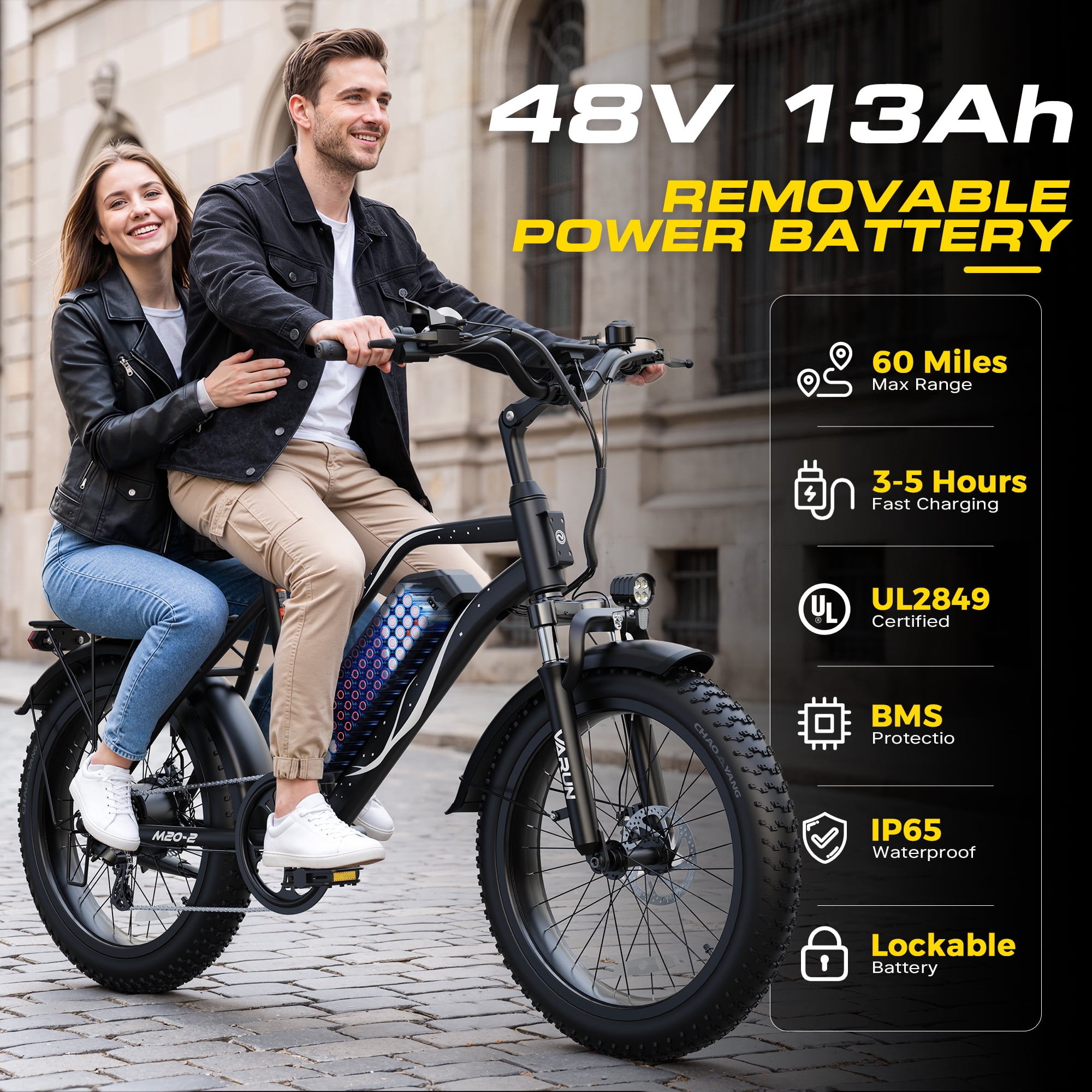 VARUN Electric Bike, 20" Fat Tire EBike for Adults with Peak 750W 48V 624Wh Removable Battery, Electric Mountain Bike for Men & Women with Top 20MPH 60Miles,7 Speed, Rear Rack, UL2849